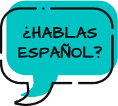 Animated icon of text box reading Hablas Espanol