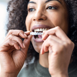 Woman with curly hair inserting Invisalign over upper arch