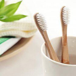 Bamboo toothbrushes in foreground with tube of toothpaste in background