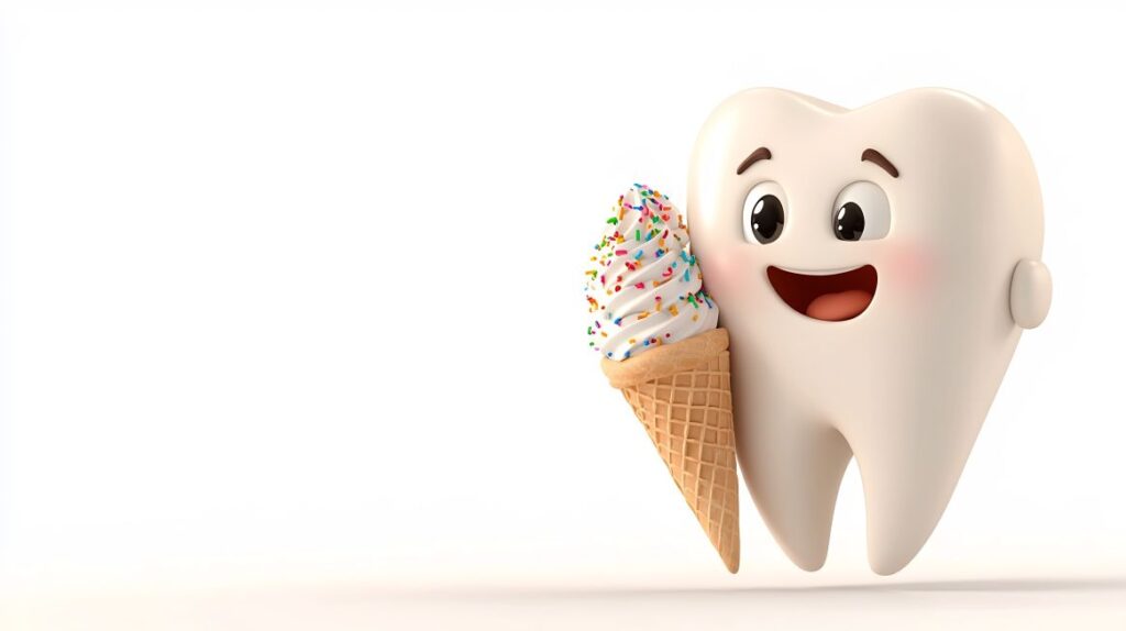 An AI image of a cartoon tooth holding an ice cream cone